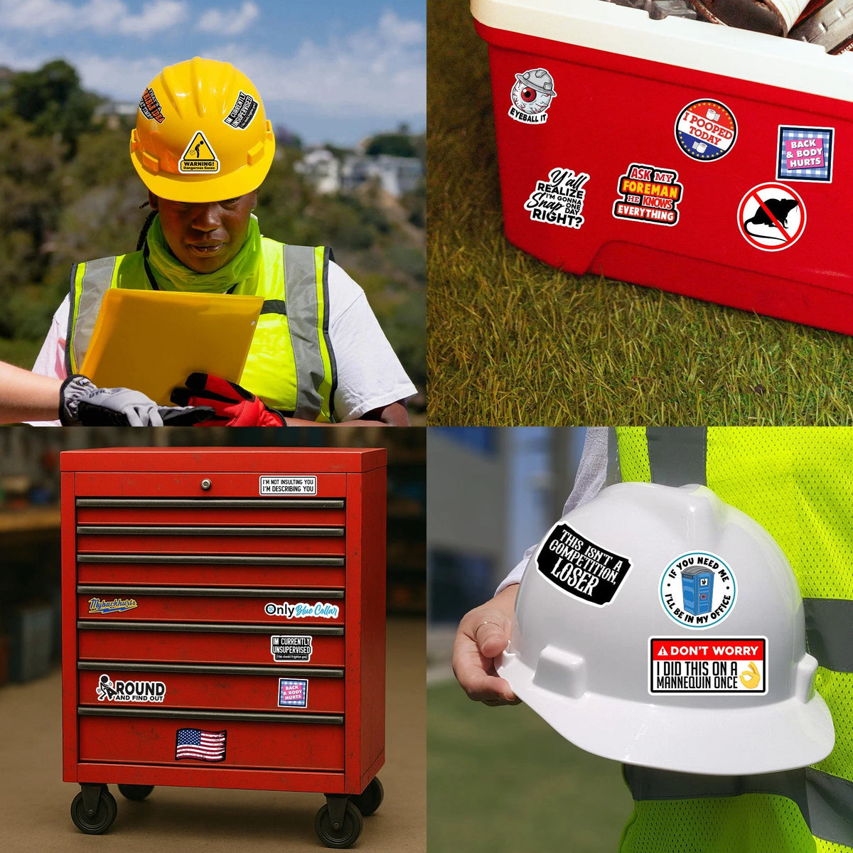 166 pcs Funny Hard Hat Stickers for Men, Adults – sticker size and finish