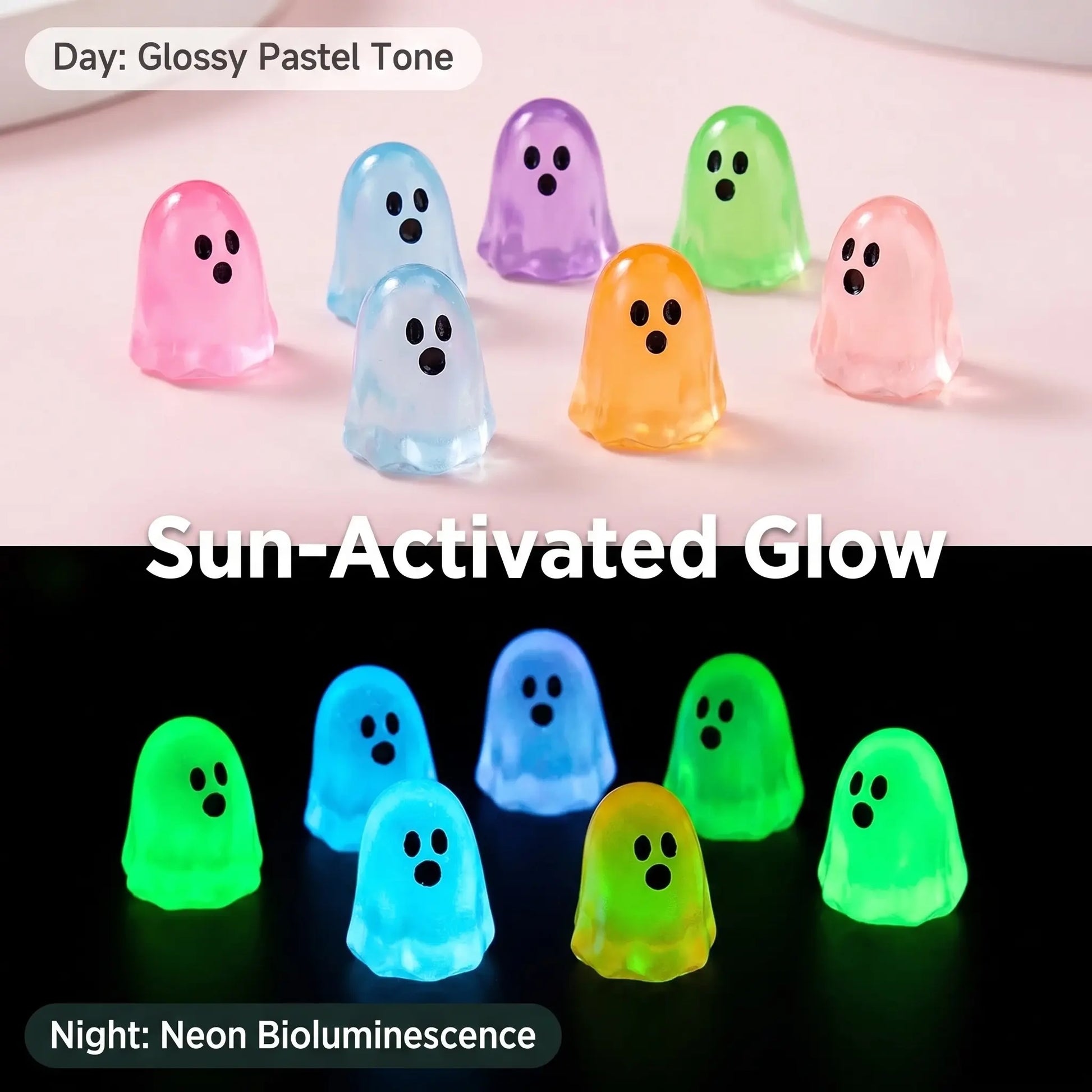 Mini resin ghosts shown in daylight and glowing at night