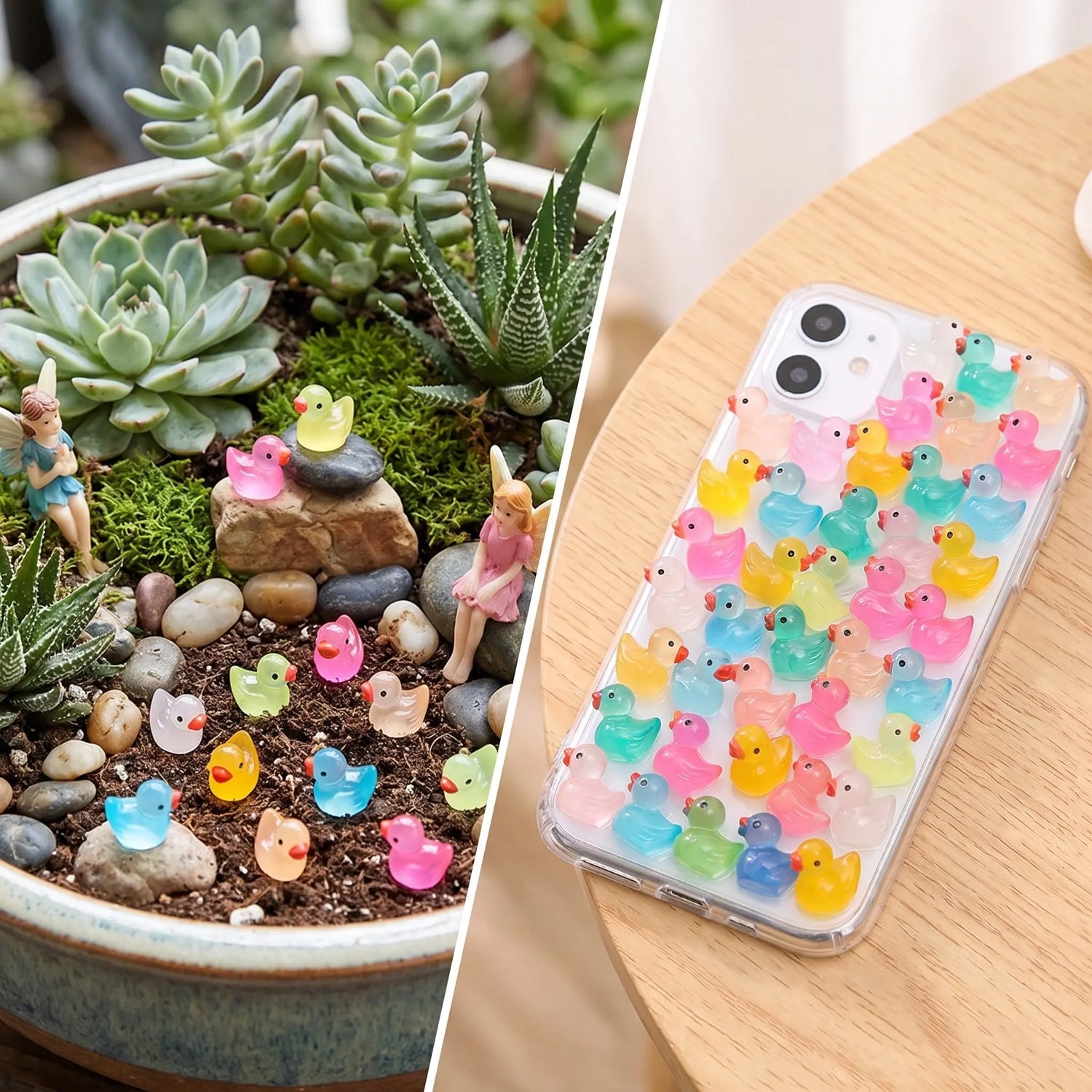 Mini ducks used in a fairy garden and phone case craft