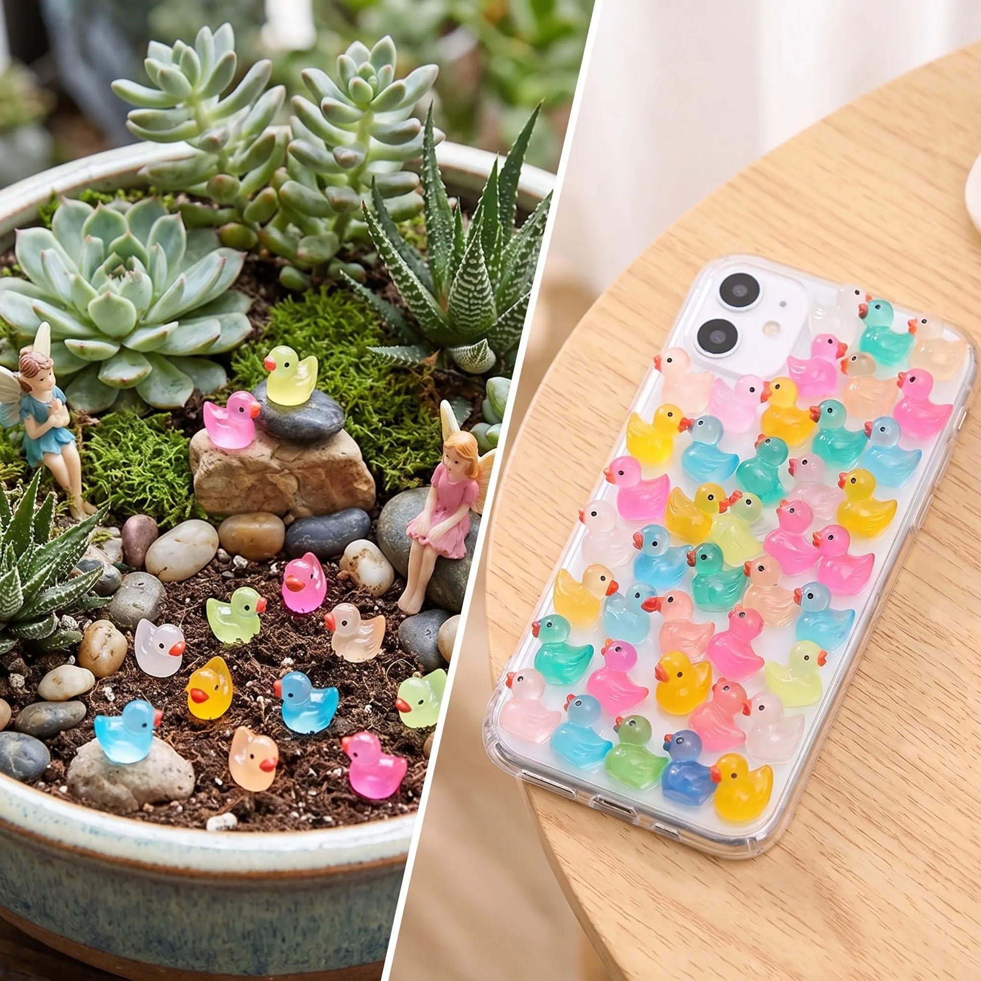 Mini ducks used in a fairy garden and phone case craft