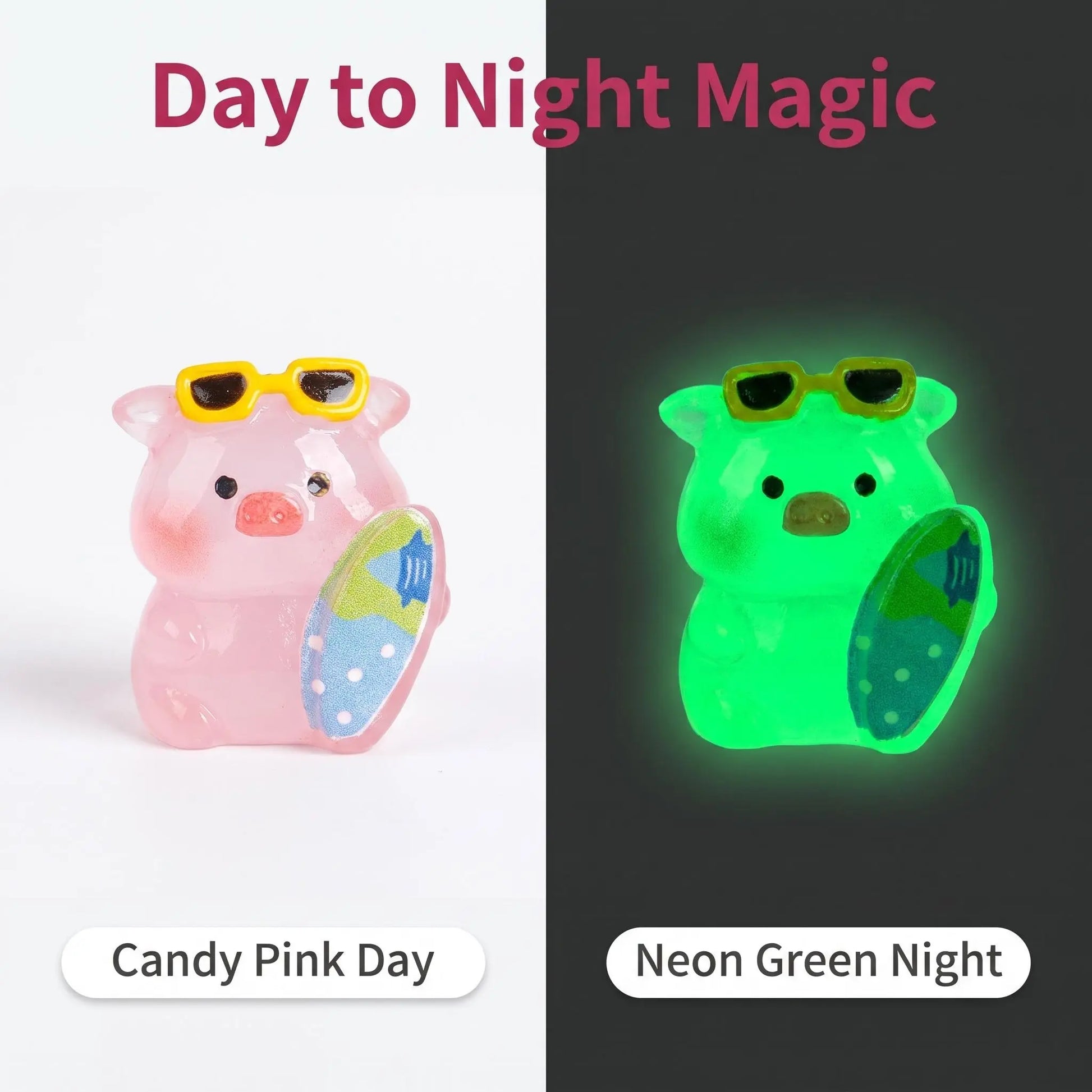 Pink pig shown by day and glowing green at night