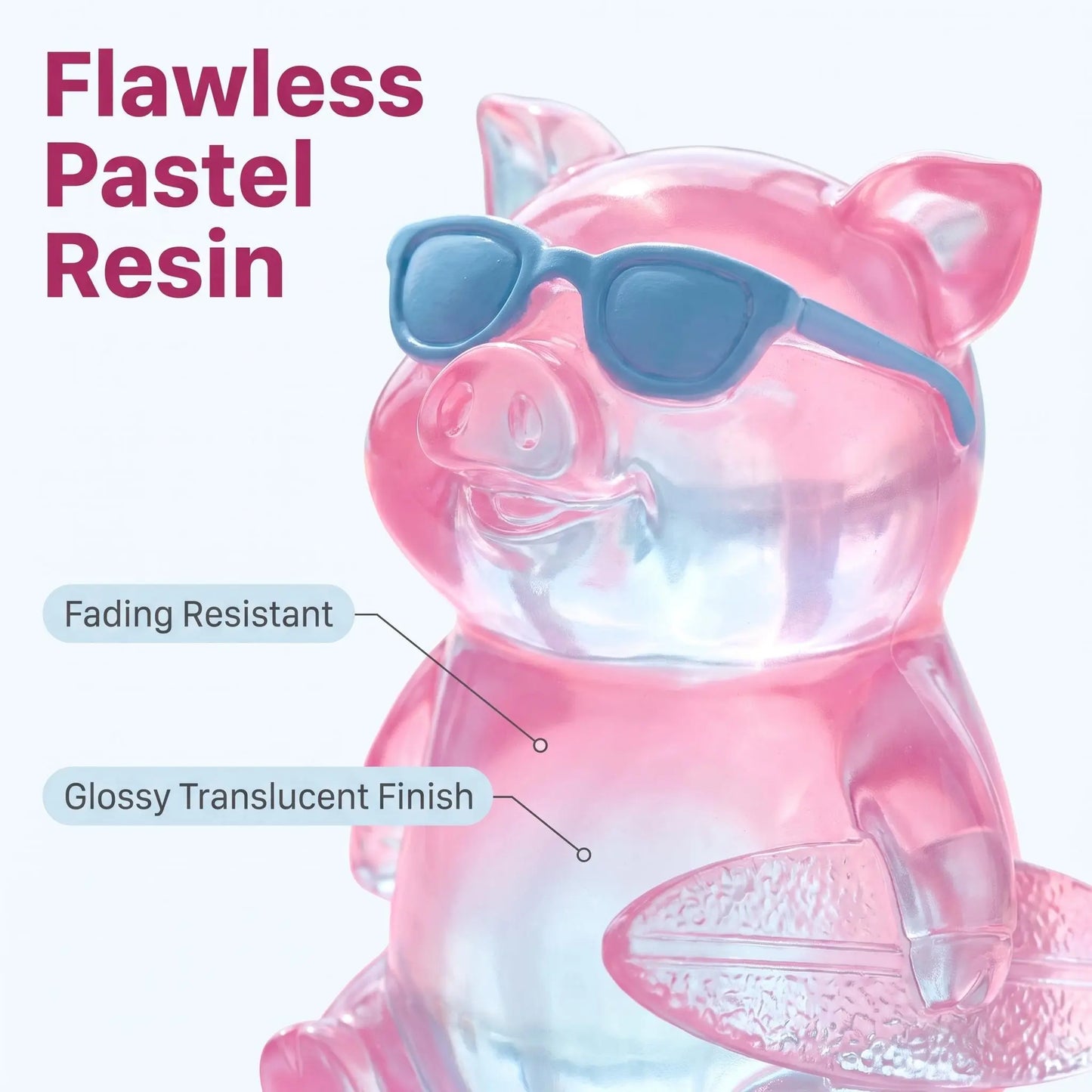 Close-up of glossy translucent pink pig resin