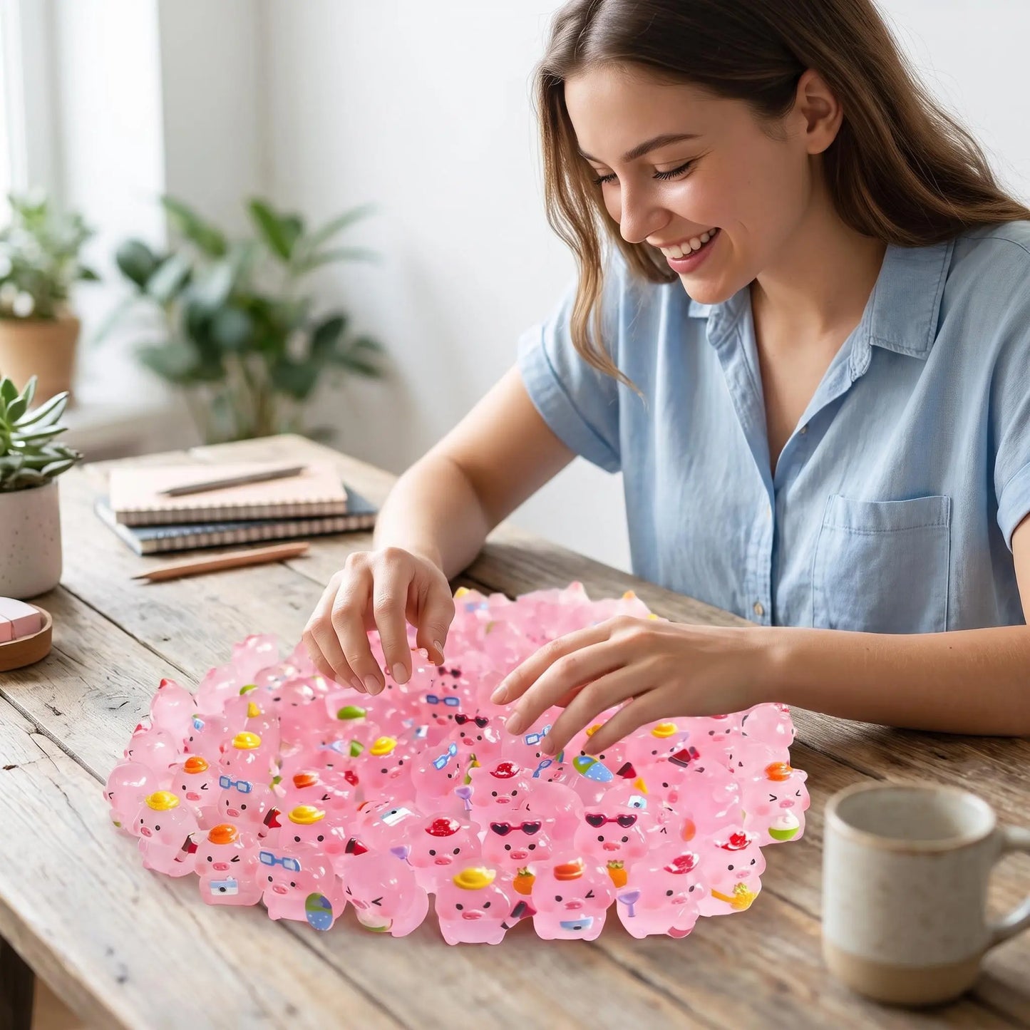 Collector opening a colorful pink pig mystery assortment