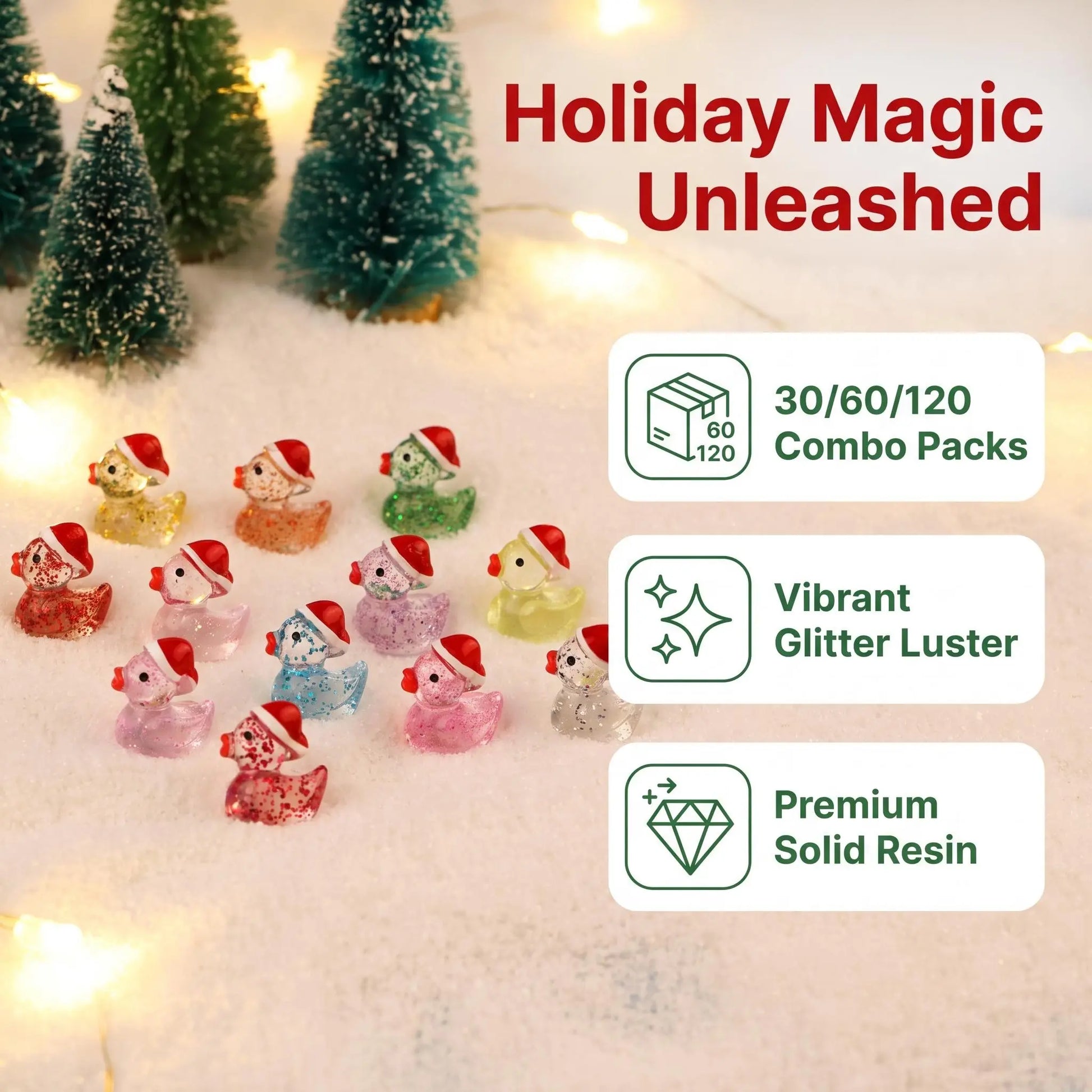 Christmas duck pack sizes, glitter, and resin features