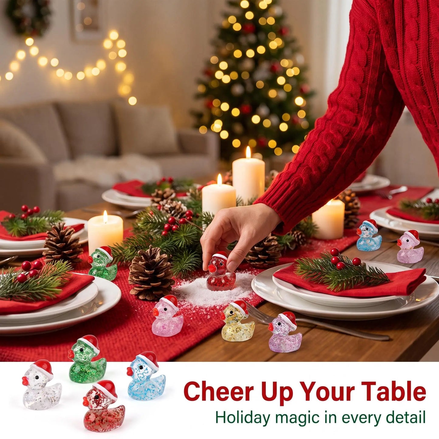 Glitter duck miniatures decorating a holiday table