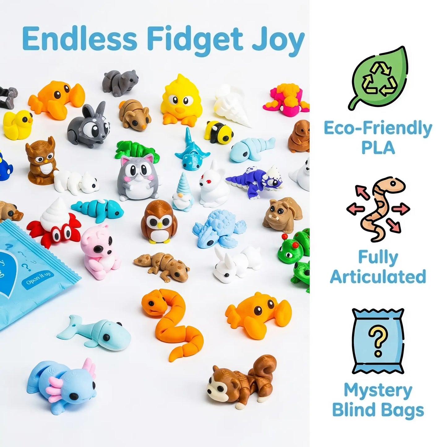 Eco-friendly PLA articulated animal mystery toy features