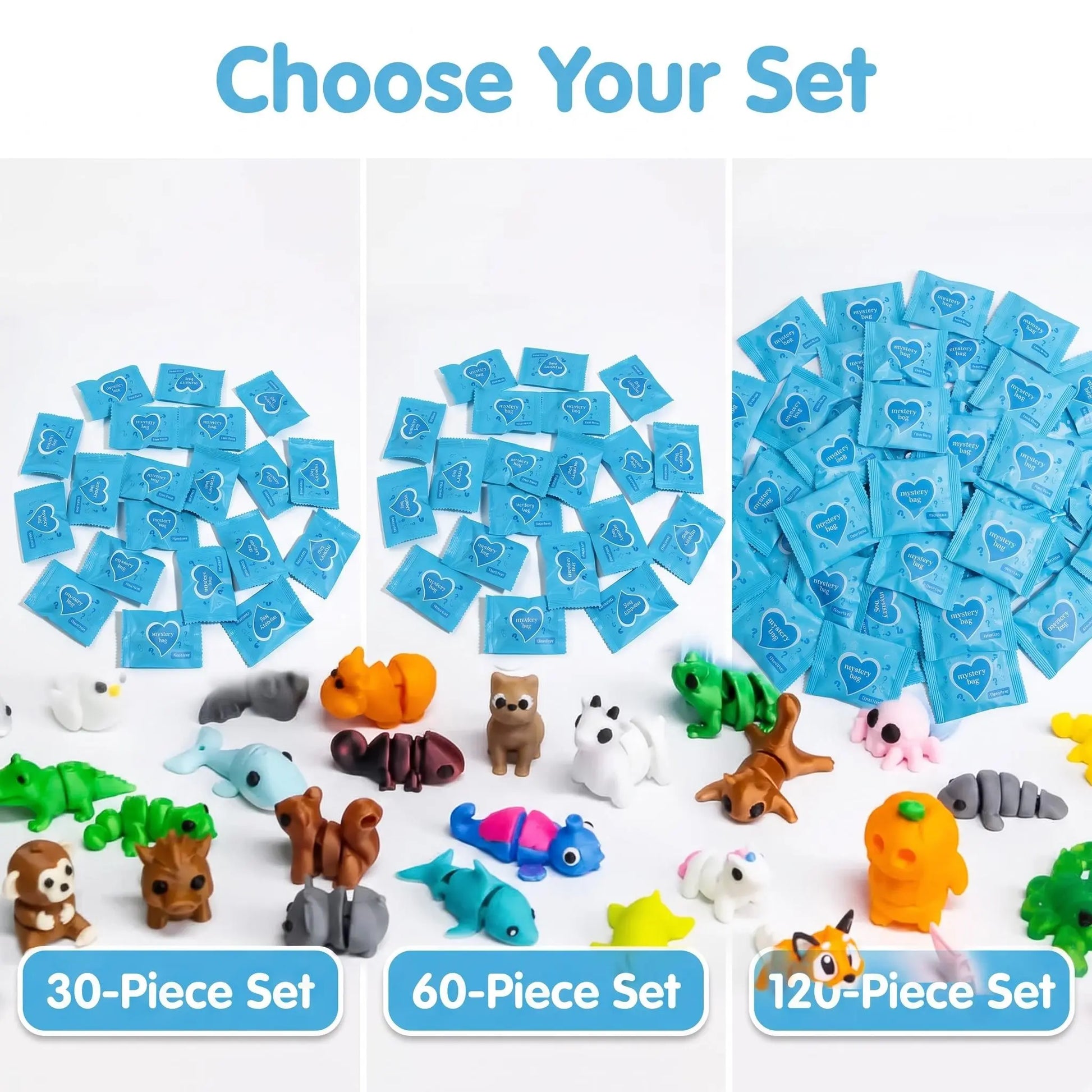 30, 60, and 120 piece animal mystery pack options