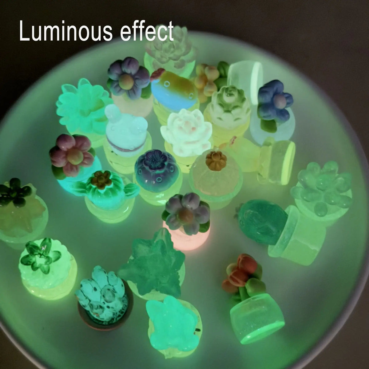 Mini resin plants glowing after dark